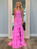 Strapless Floral Lace Appliques Mermaid Prom Dress With Slit