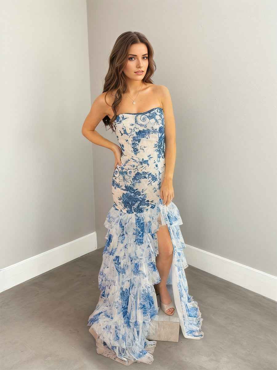 Strapless Beaded Ruffle Tiered Mermaid Prom Dress With Slit