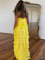 Yellow Strapless Chiffon Prom Dress With Tiered Ruffles