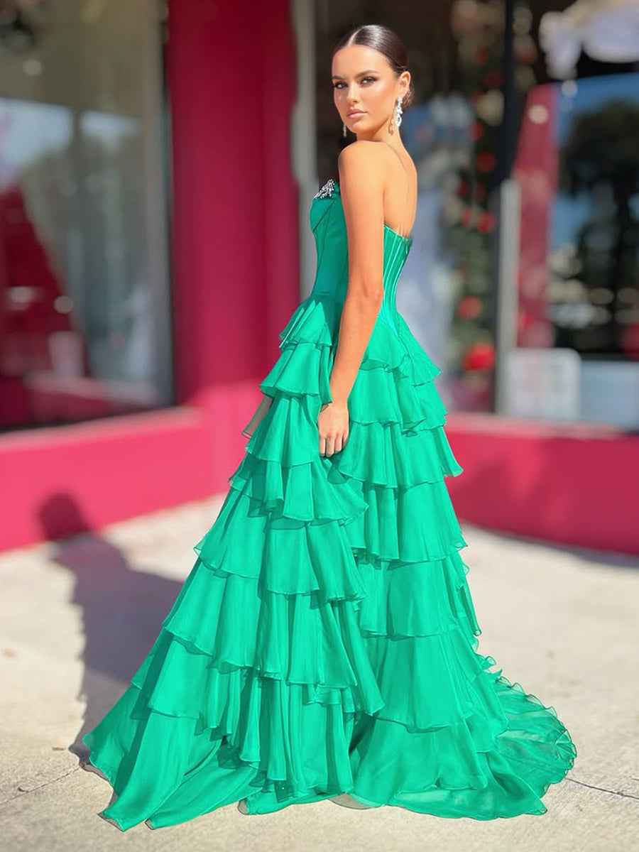 Hot Pink Strapless Crystal Ruffle Satin Corset Prom Ball Gown