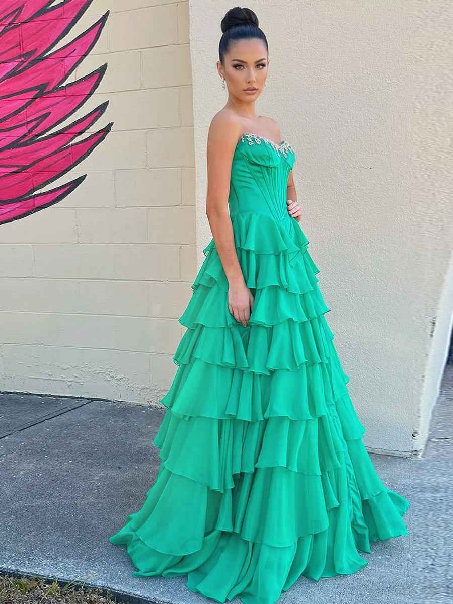 Hot Pink Strapless Crystal Ruffle Satin Corset Prom Ball Gown
