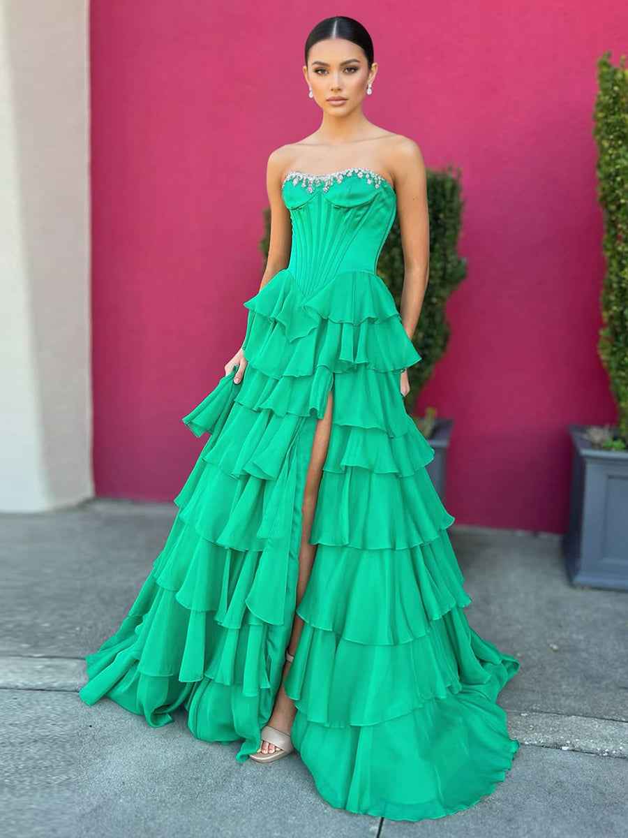 Hot Pink Strapless Crystal Ruffle Satin Corset Prom Ball Gown