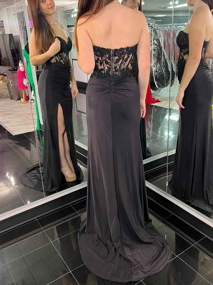 Black Strapless Mermaid Prom Dress With Beaded Lace Appliques