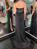 Black Strapless Mermaid Prom Dress With Beaded Lace Appliques