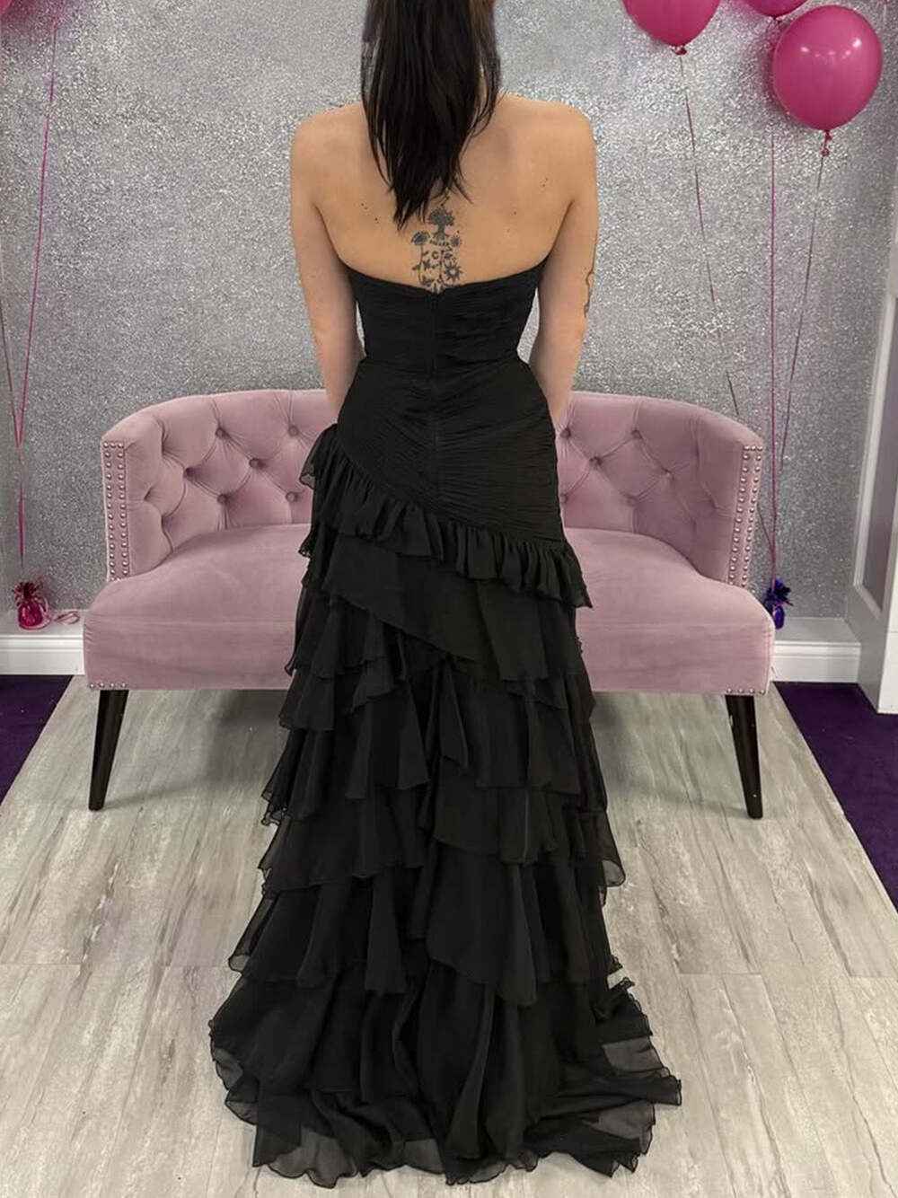 Black Strapless Mermaid Chiffon Prom Dress With Tiered Ruffle Skirt