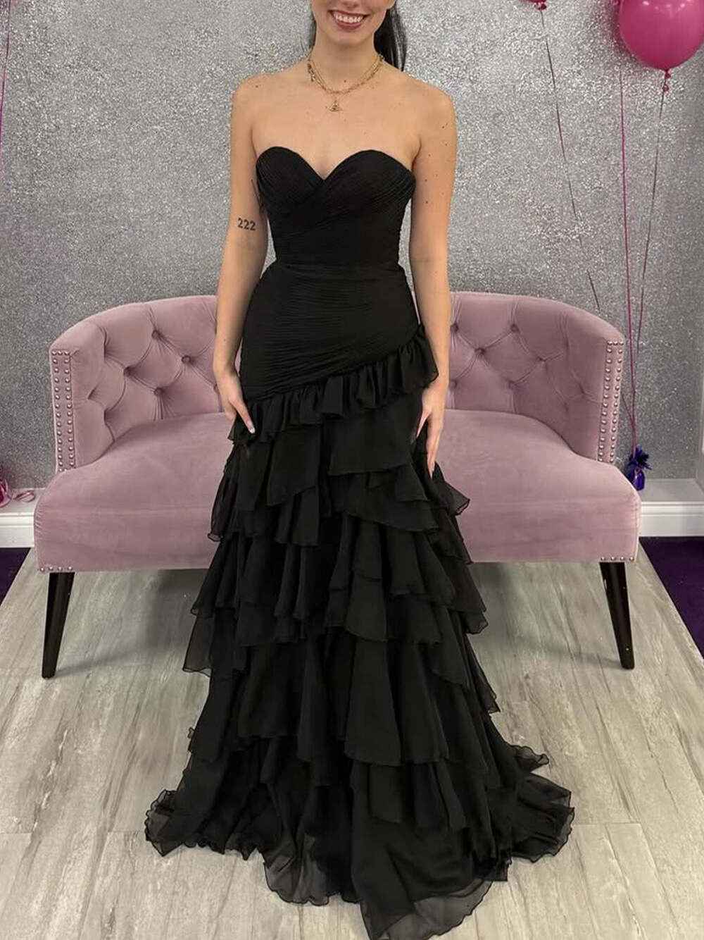 Black Strapless Mermaid Chiffon Prom Dress With Tiered Ruffle Skirt