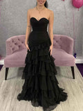 Black Strapless Mermaid Chiffon Prom Dress With Tiered Ruffle Skirt