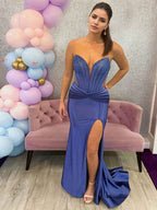 Royal Blue Strapless V Neck Beaded Long Prom Dress With Slit