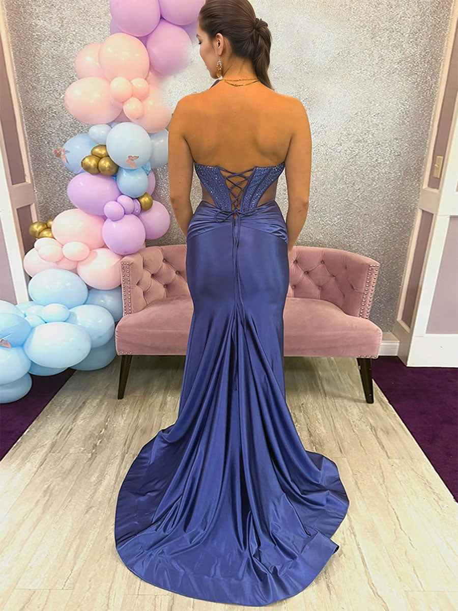 Royal Blue Strapless V Neck Beaded Long Prom Dress With Slit