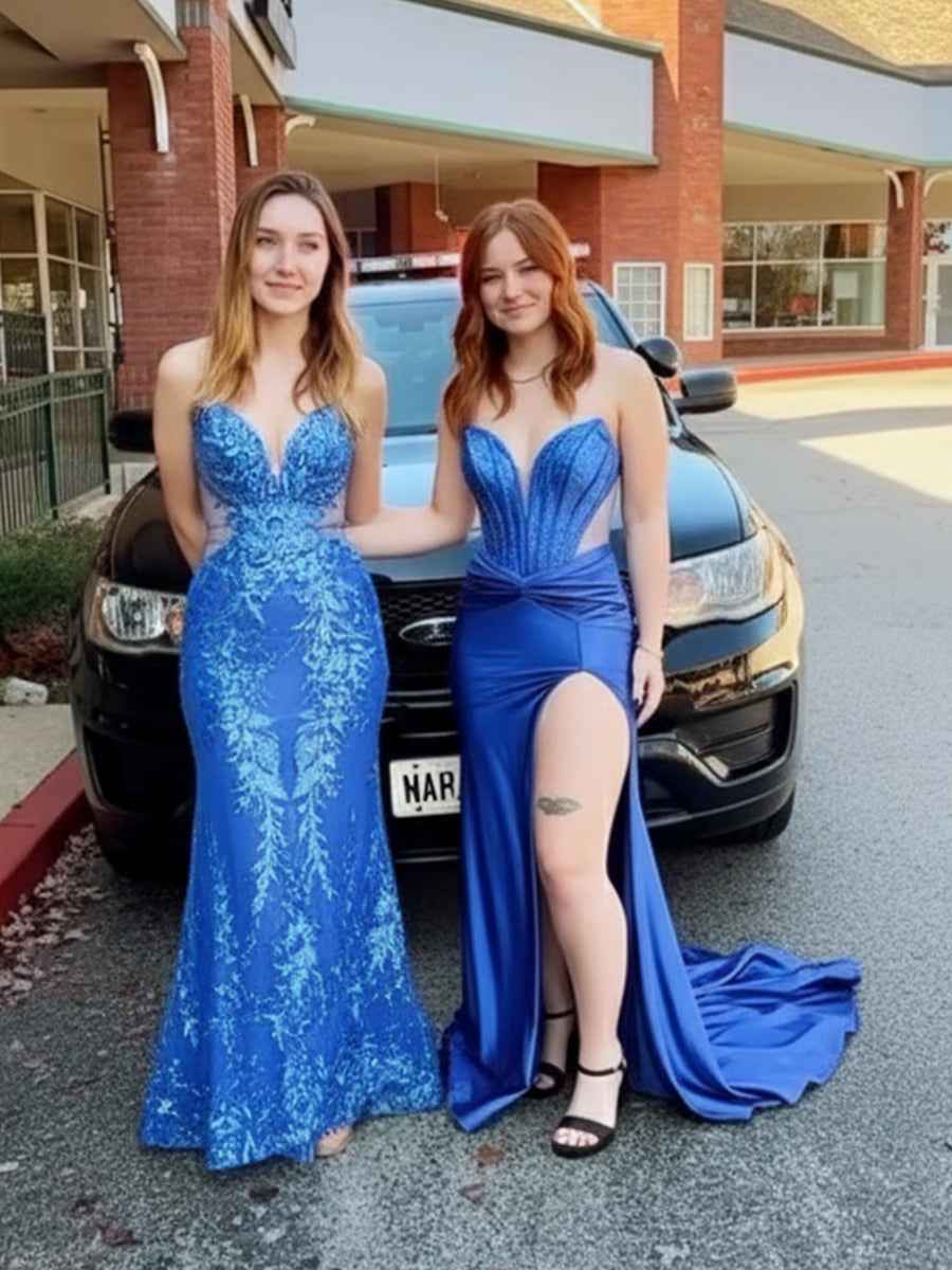 Blue Sequin Strapless V Neck Long Prom Dress With Embroidery