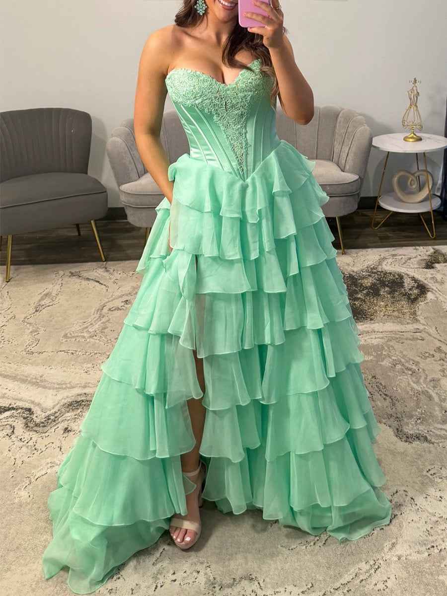 Hot Pink Strapless Sweetheart Lace Embroidery Boned Ballgown Prom Dress