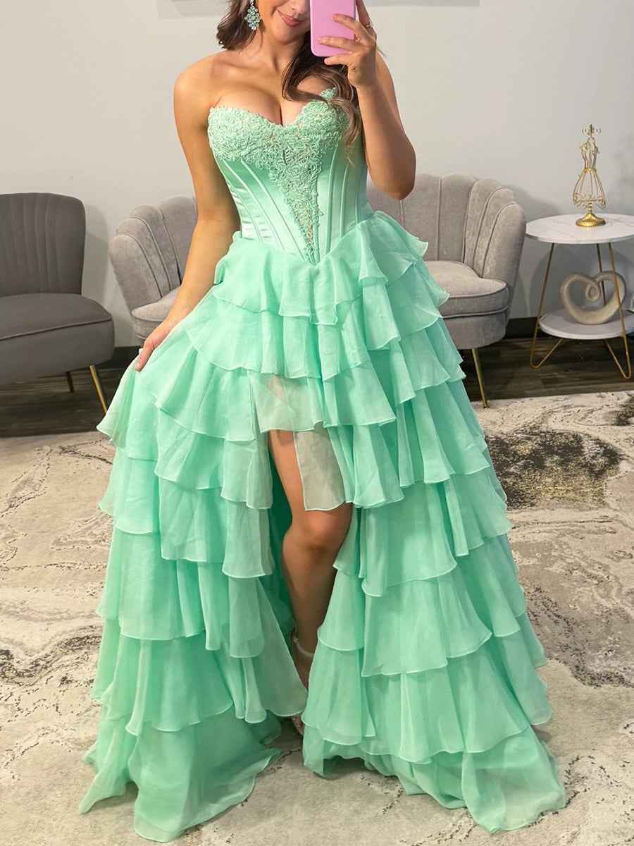 Hot Pink Strapless Sweetheart Lace Embroidery Boned Ballgown Prom Dress