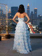 Blue White Floral High Low Strapless Sweetheart Chiffon Prom Dress With Ruffles