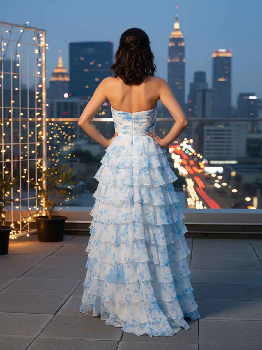 Blue White Floral High Low Strapless Sweetheart Chiffon Prom Dress With Ruffles