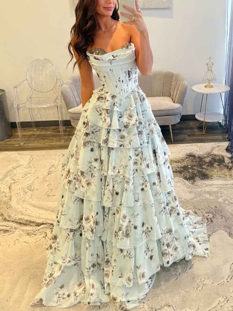 Elegant Strapless A Line Floral Sweetheart Rhinestone Long Prom Dress