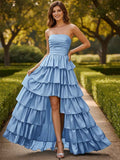 Strapless Satin A Line Long Prom Dress With Tiered Skirt And Slit In Blue