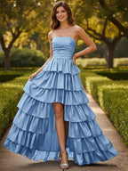 Strapless Satin A Line Long Prom Dress With Tiered Skirt And Slit In Blue