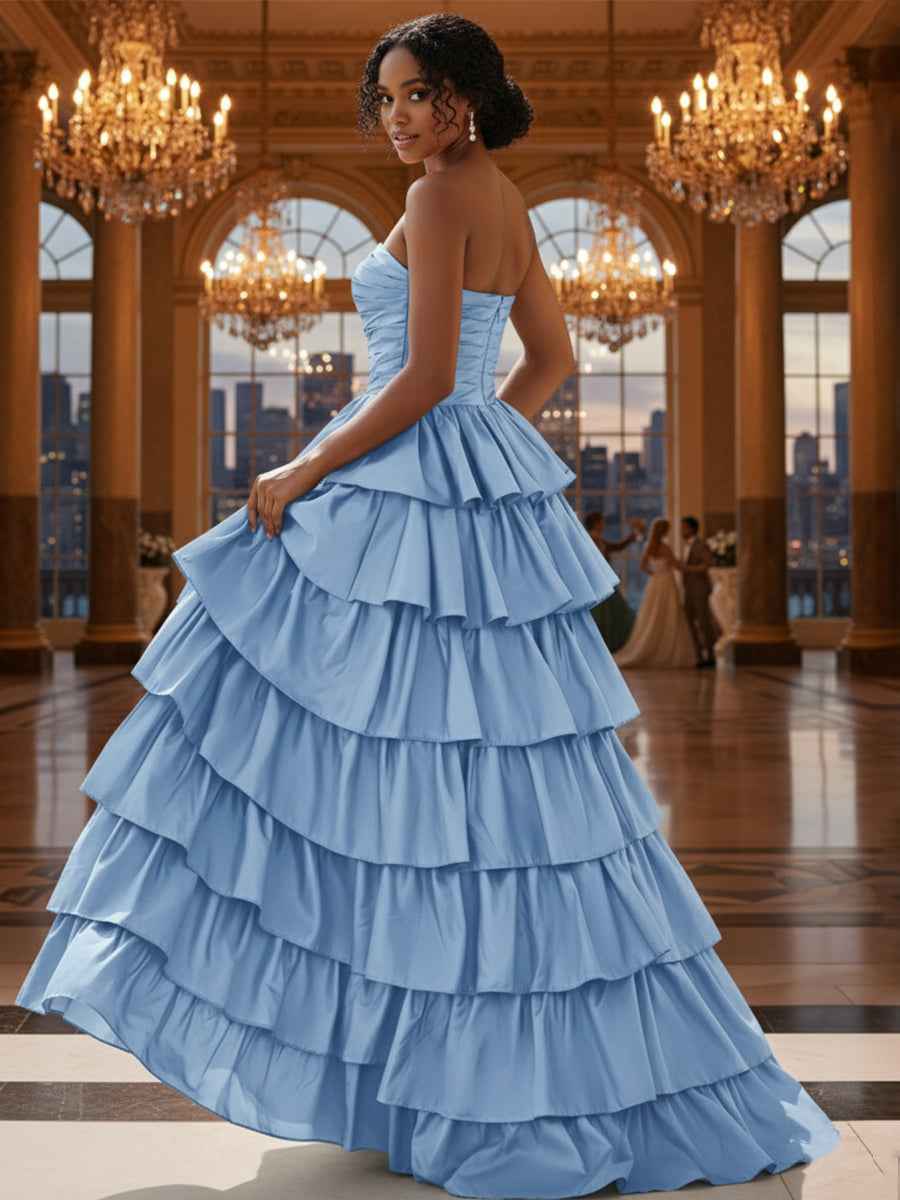 Strapless Satin A Line Long Prom Dress With Tiered Skirt And Slit In Blue