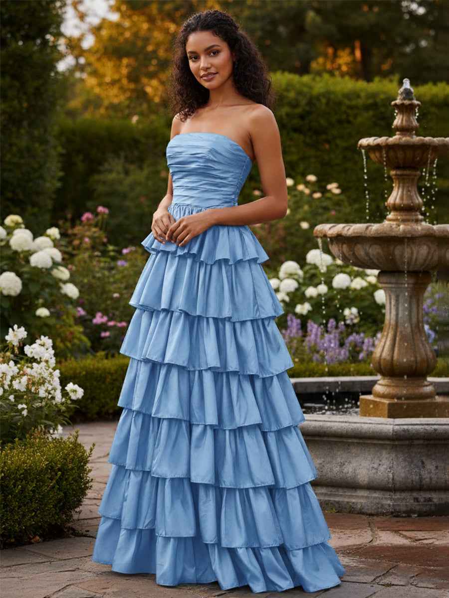 Strapless Satin A Line Long Prom Dress With Tiered Skirt And Slit In Blue