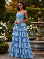 Strapless Satin A Line Long Prom Dress With Tiered Skirt And Slit In Blue