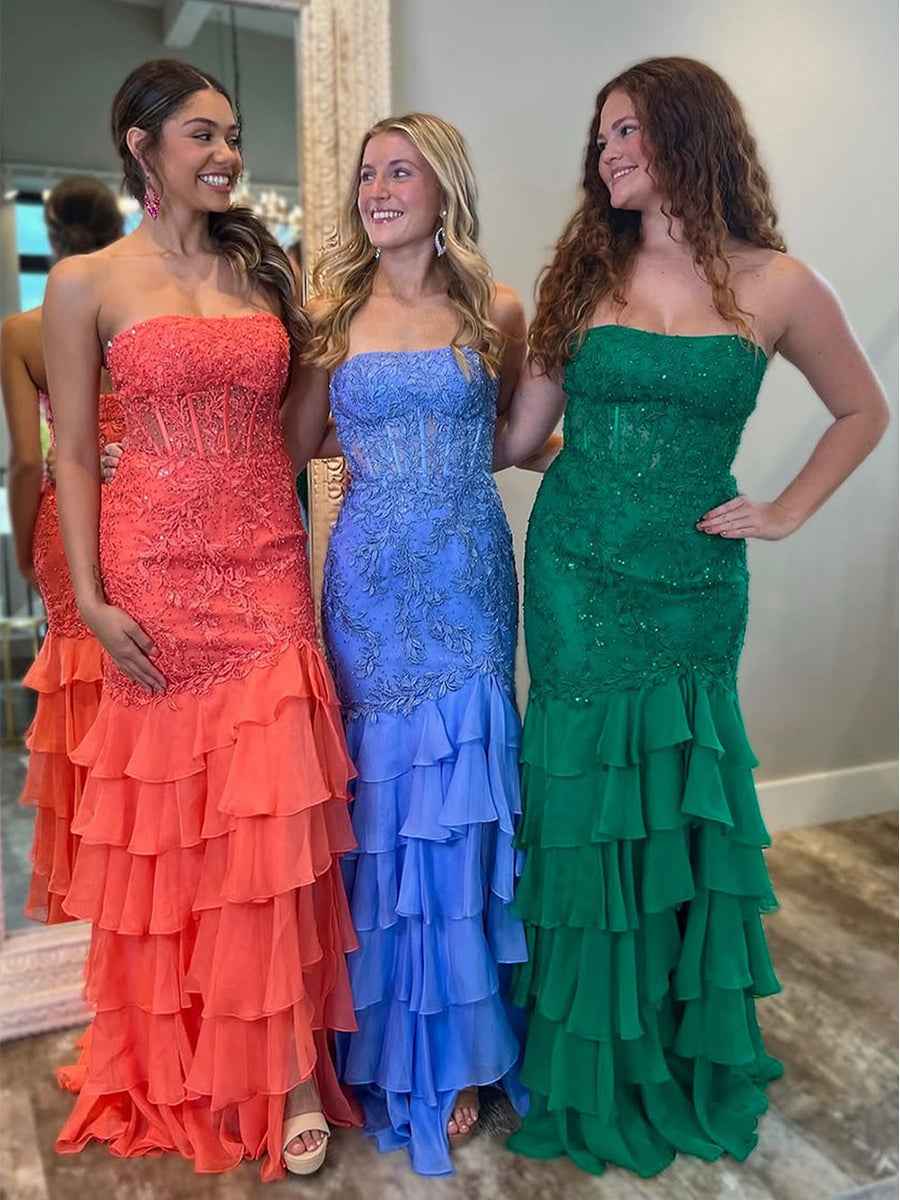 Strapless Floral Lace Appliques Mermaid Prom Dress With Slit