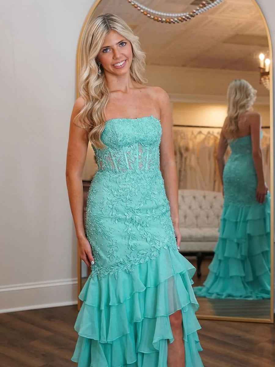 Strapless Floral Lace Appliques Mermaid Prom Dress With Slit