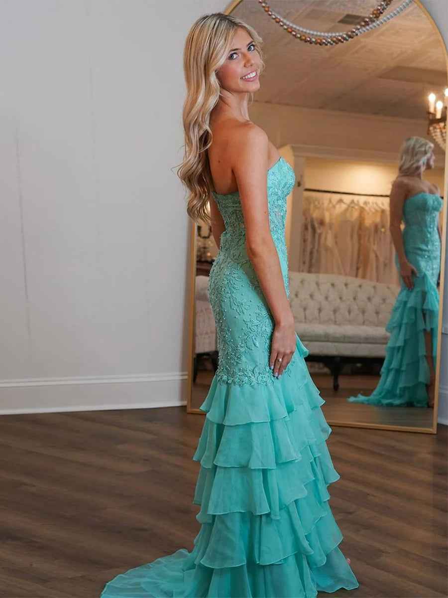 Strapless Floral Lace Appliques Mermaid Prom Dress With Slit