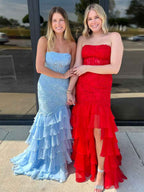Strapless Floral Lace Appliques Mermaid Prom Dress With Slit
