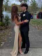 Champagne Gold Strapless Beaded Corset Prom Dress With Slit