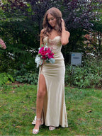 Champagne Gold Strapless Beaded Corset Prom Dress With Slit