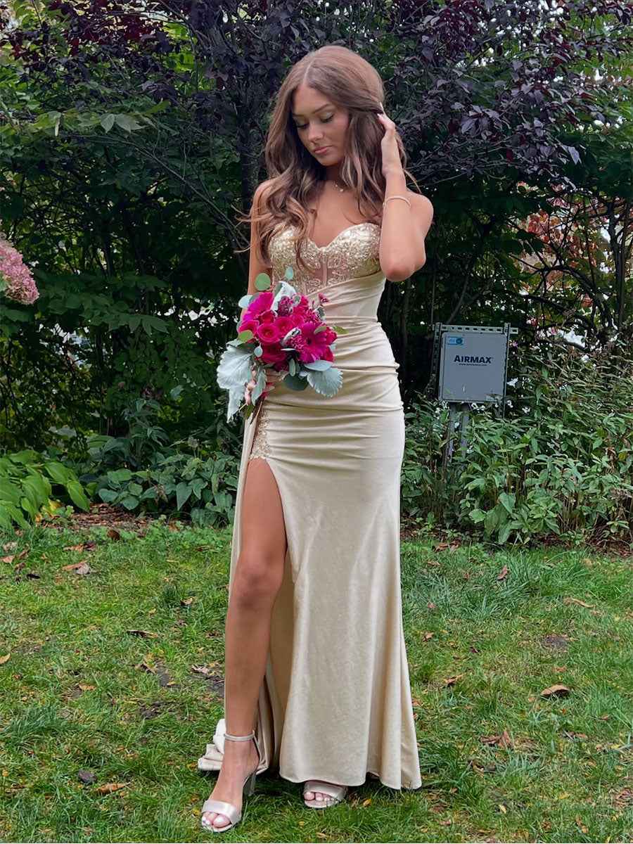Champagne Gold Strapless Beaded Corset Prom Dress With Slit