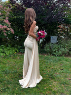 Champagne Gold Strapless Beaded Corset Prom Dress With Slit