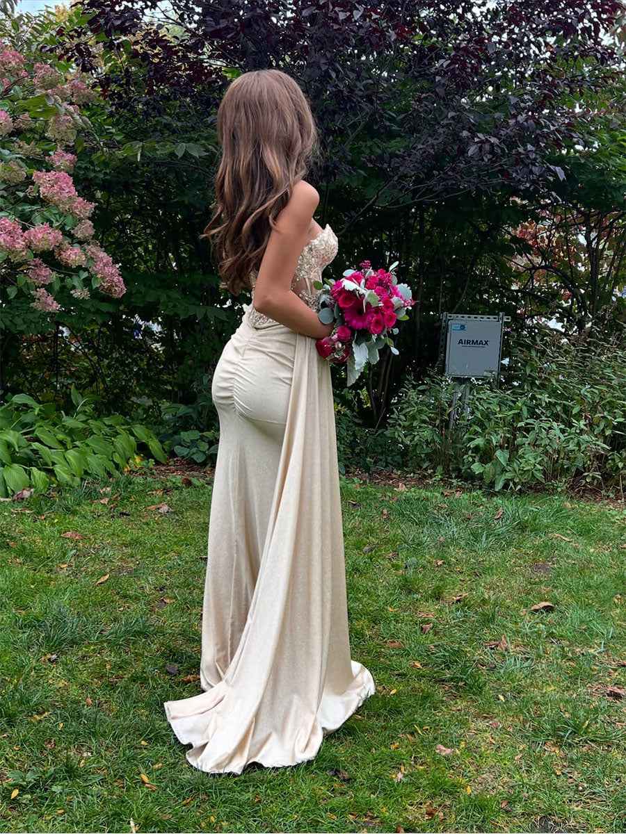Champagne Gold Strapless Beaded Corset Prom Dress With Slit