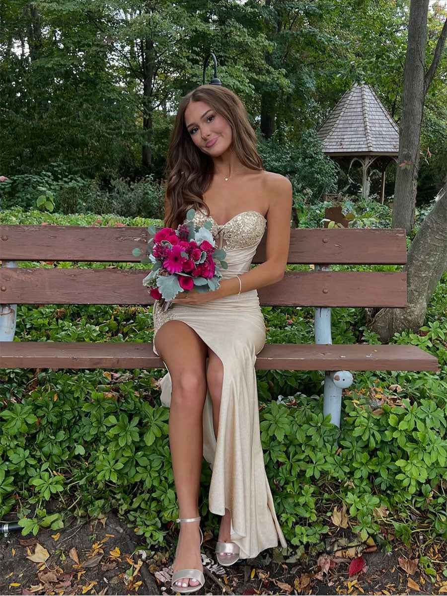 Champagne Gold Strapless Beaded Corset Prom Dress With Slit
