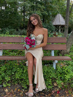 Champagne Gold Strapless Beaded Corset Prom Dress With Slit