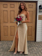 Champagne Gold Strapless Beaded Corset Prom Dress With Slit