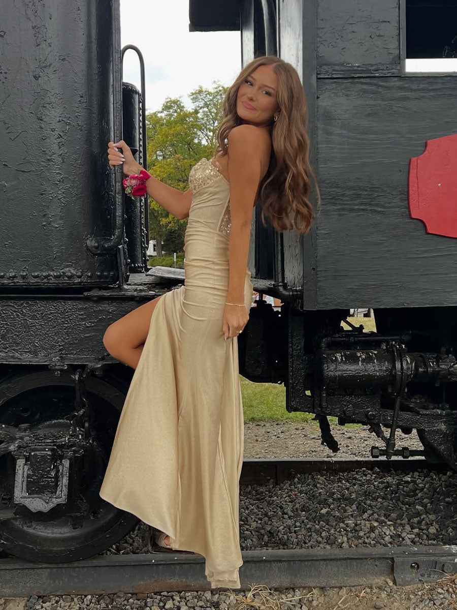 Champagne Gold Strapless Beaded Corset Prom Dress With Slit