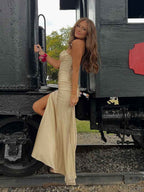 Champagne Gold Strapless Beaded Corset Prom Dress With Slit