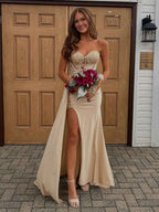 Champagne Gold Strapless Beaded Corset Prom Dress With Slit