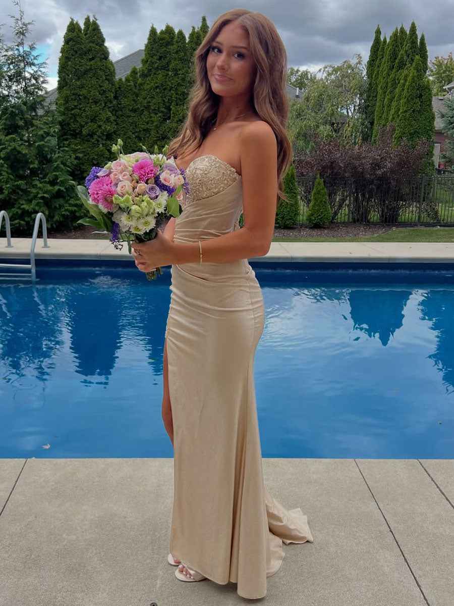 Champagne Gold Strapless Beaded Corset Prom Dress With Slit