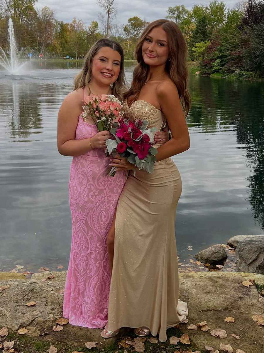 Champagne Gold Strapless Beaded Corset Prom Dress With Slit