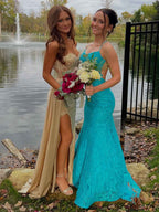 Champagne Gold Strapless Beaded Corset Prom Dress With Slit