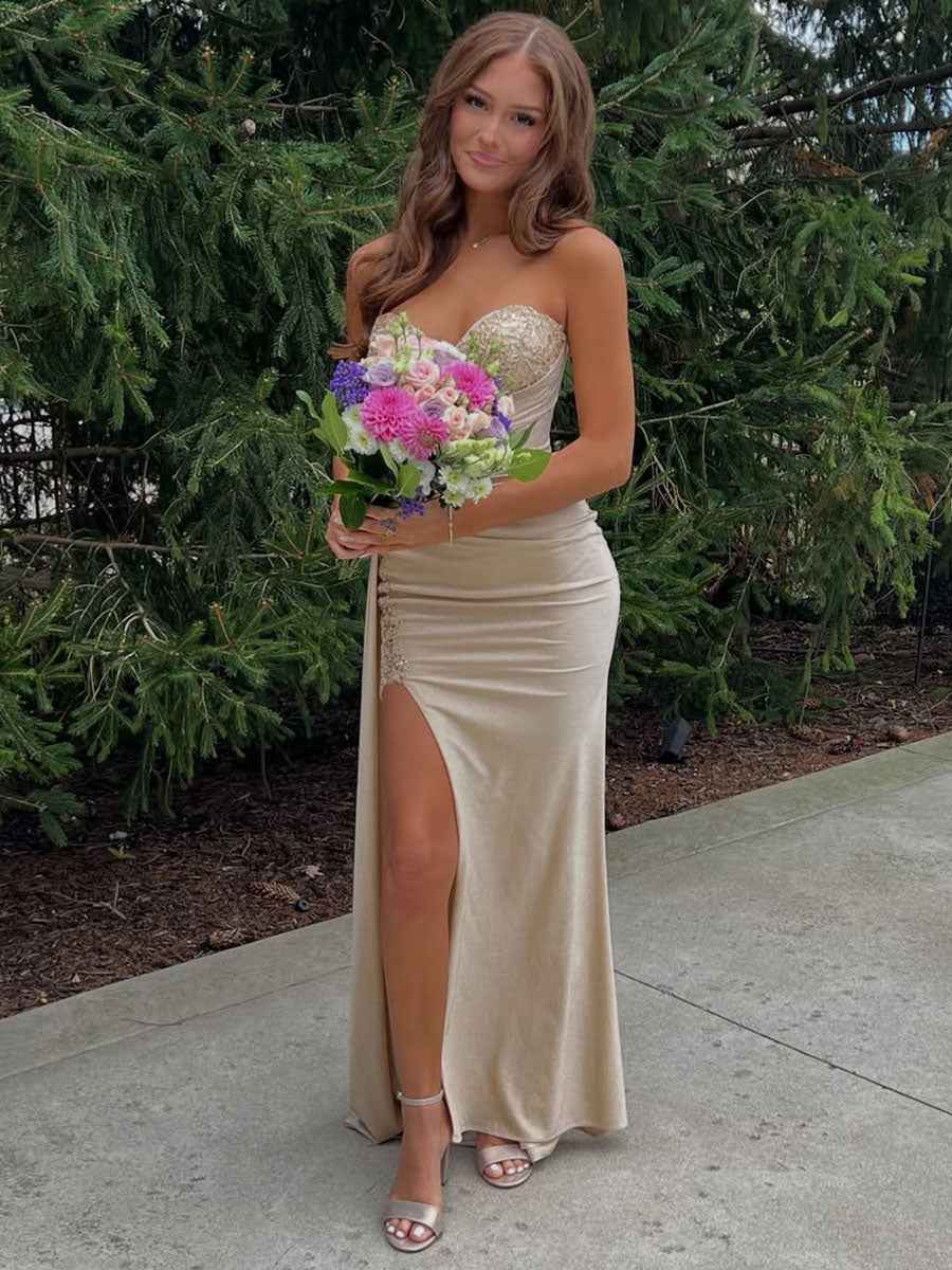 Champagne Gold Strapless Beaded Corset Prom Dress With Slit