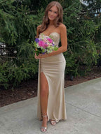 Champagne Gold Strapless Beaded Corset Prom Dress With Slit