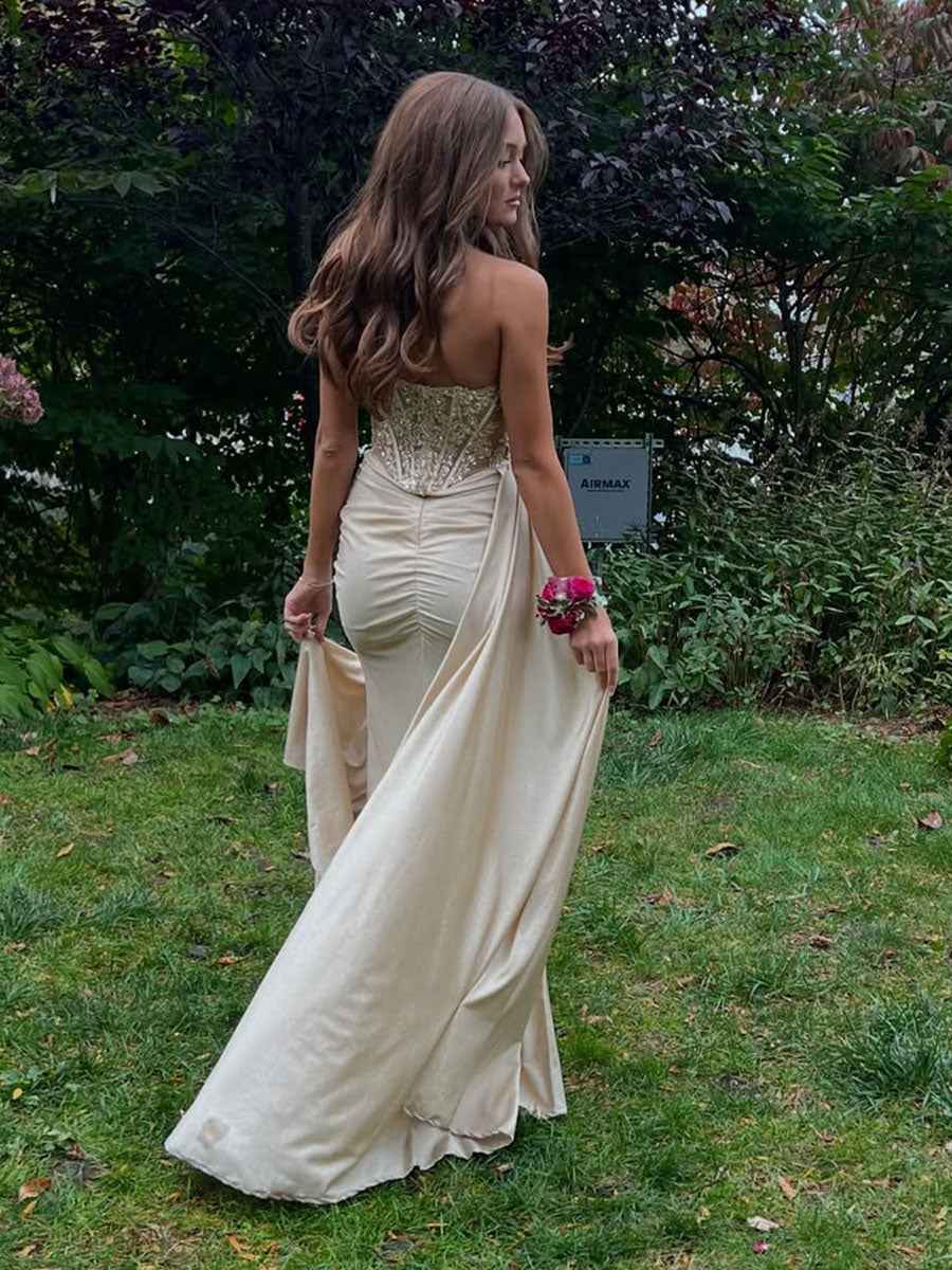 Champagne Gold Strapless Beaded Corset Prom Dress With Slit