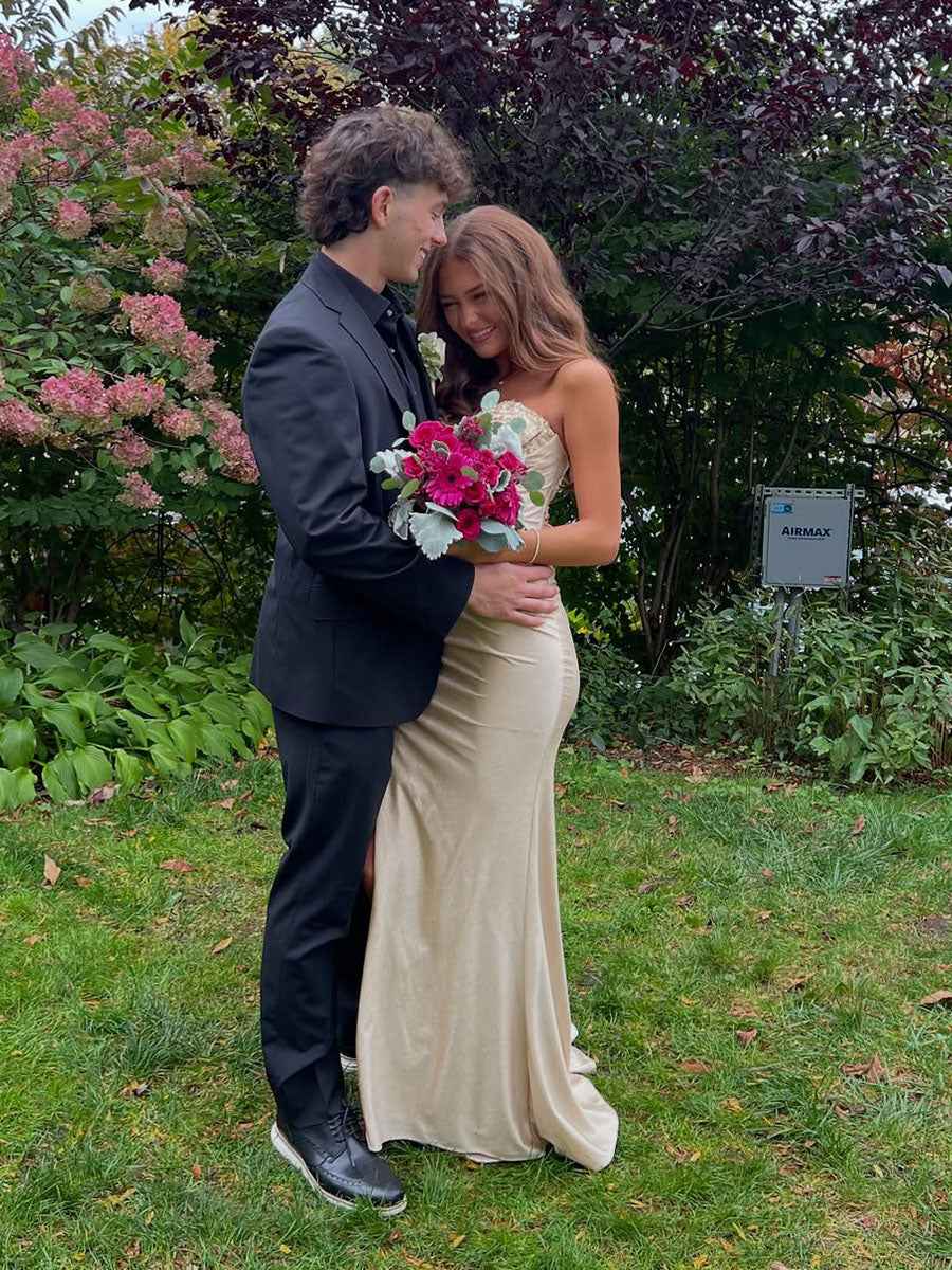 Champagne Gold Strapless Beaded Corset Prom Dress With Slit