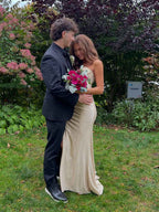 Champagne Gold Strapless Beaded Corset Prom Dress With Slit