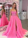 Hot Pink Strapless Beaded Corset Prom Dress With Tiered Ruffle Ballgown