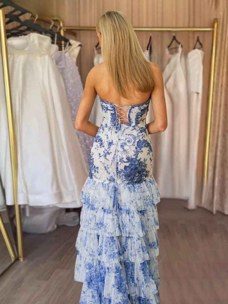 Strapless Beaded Ruffle Tiered Mermaid Prom Dress With Slit