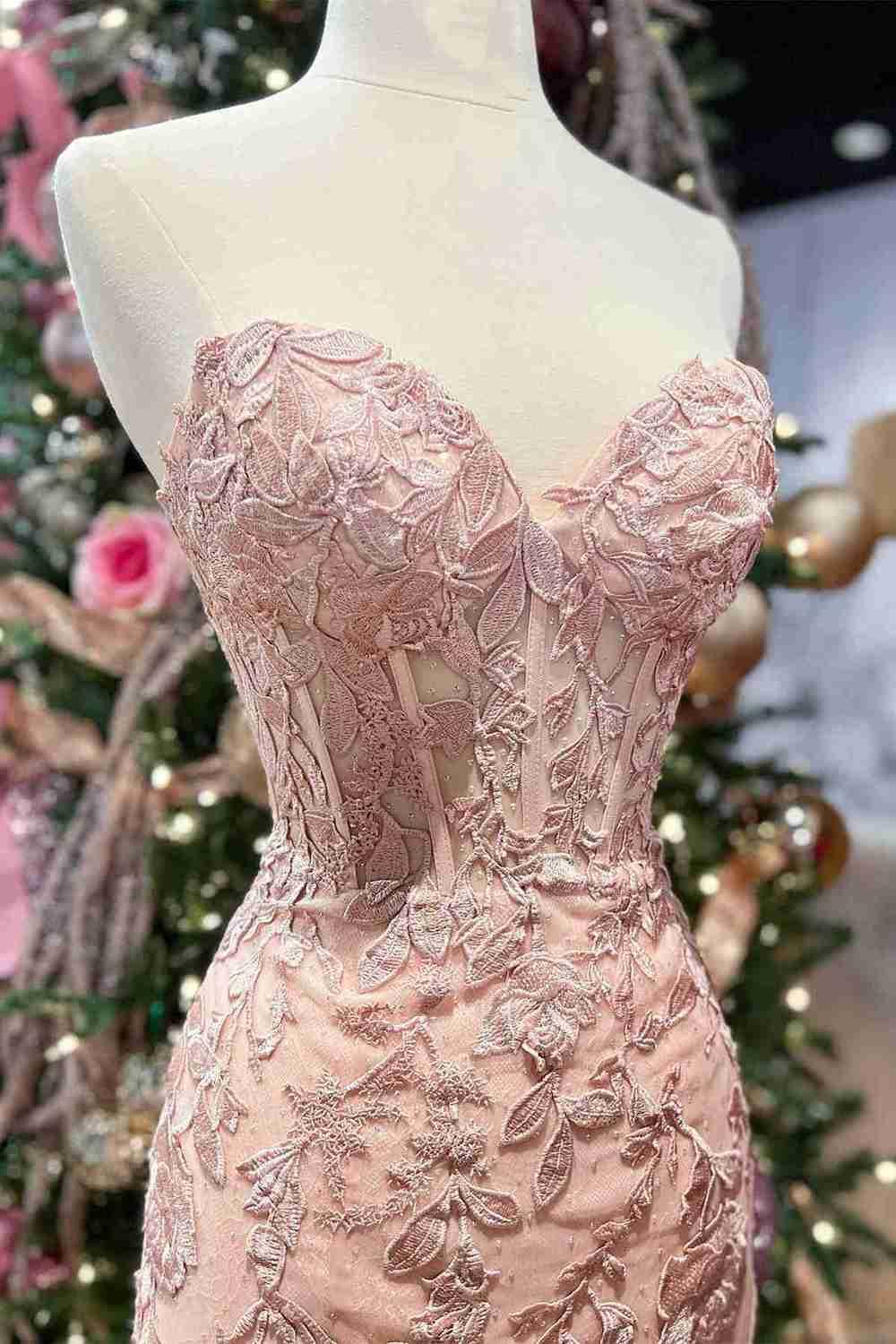 Abito lungo da sera con corsetto in pizzo e spacco SYP116